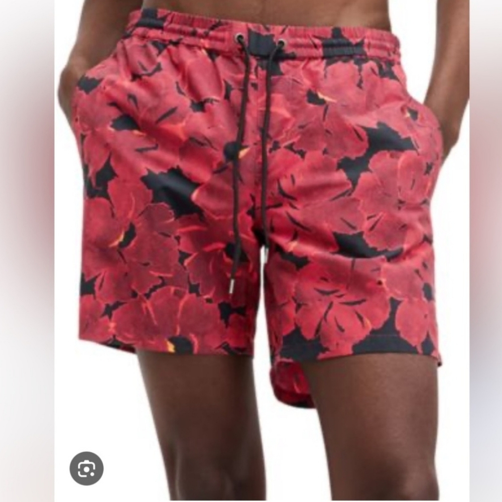 All Saints Red Floral Swim 7" Trunks MSRP $109